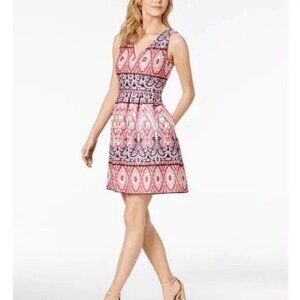 Vince Camuto Geo Print Double V Neck Fit And Flare Lined Dress Womens Size 2